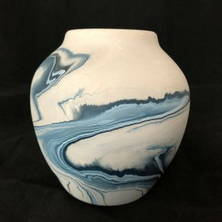 Large Nemadji Pottery Vase w/ Swirled Grays Blues White Black Stamped 2