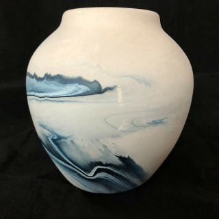 Large Nemadji Pottery Vase w/ Swirled Grays Blues White Black Stamped 3
