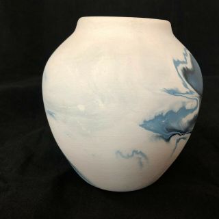 Large Nemadji Pottery Vase w/ Swirled Grays Blues White Black Stamped 4