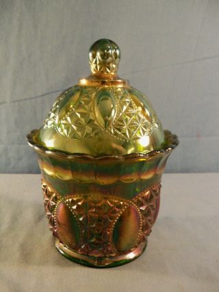 Imperial Helios Green Carnival Glass Covered Candy Jar Box 2