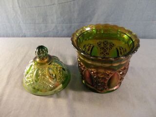 Imperial Helios Green Carnival Glass Covered Candy Jar Box 2 2