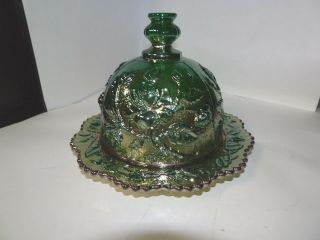 Imperial Helios Green Carnival Glass Round Covered Rose Butter Cheese Dish