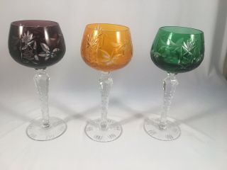 3 Bohemian Cut To Clear Glass Ajka Crystal Colored Wine Hocks Glasses 7 - 3/4” H