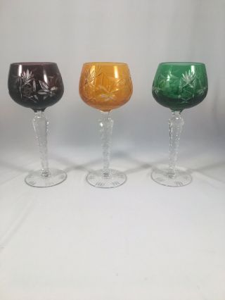 3 Bohemian Cut to Clear Glass Ajka Crystal Colored Wine Hocks Glasses 7 - 3/4” H 2