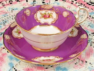 Royal Albert Pink Roses Gold Gilt Scrolls Deep Purple Tea Cup And Saucer