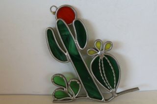 Vintage Stained Glass Saguaro Prickly Pear Cactus Sun Catcher Leaded 5.  5 "