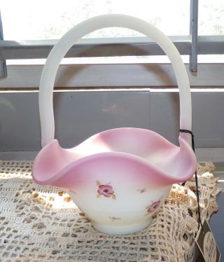 Fenton Pink & White Satin Glass Basket Hand Painted Flowers Roses Valory G