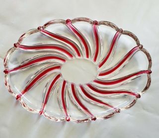 Vintage Mikasa Oval Peppermint Red Swirl Glass Platter Candy Stripe Dish