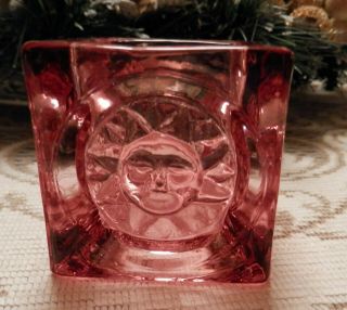 Rare Viking Glass Pink Glass Sunburst 2 1/2 Inch Cube Candle Holder - Wv