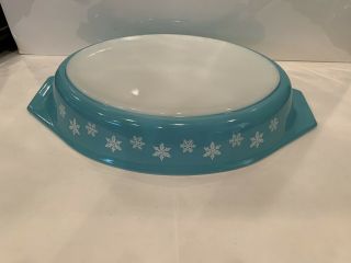 Pair Vintage Pyrex Turquoise Snowflake Divided Serving Dishes W/Lid 1 1/2 Qt 3