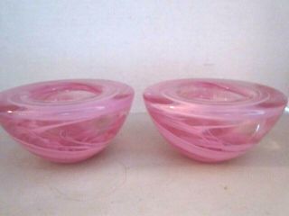 2 Kosta Boda Sweden Swirl Art Glass Pastel Pink Bowl Votive Candle Holder Pair