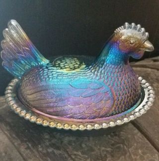 Vintage Carnival Glass Chicken Hen On A Basket Nest Blue Purple Iridescent