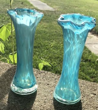 Vintage Murano Hand Blown Sea Blue Glass Vases
