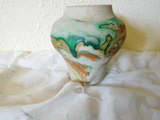 Nemadji Pottery Vase Usa Orange And Green Marble Swirls 5.  5 " High