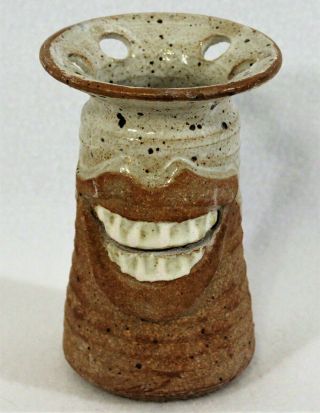 Studio Art Pottery Vase Hand Thrown Handcrafted Smiling Mouth Brown Tan Speckled