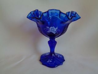 Vintage Fenton Cobalt Blue Glass Compote Candy Dish With Logo And Label