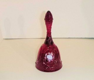 Fenton Ruby Red Glass Bell With Hand Painted Flowers,  Foil Label,  Artist Signed