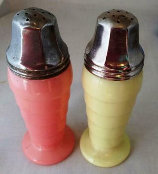 Hazel Atlas Depression Glass Moderntone Salt Pepper Shakers - Pink And Yellow