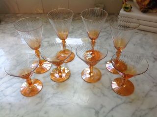 Vintage Iridescent Orange Swirl Patterned Stemware,  Set Of 8