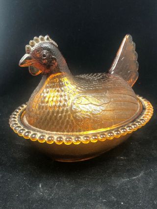 Vintage Indiana Glass Amber Gold Hen Chicken On Nest Candy Bowl Dish Depression