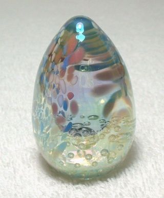 Signed 1990 MSH Mt St Helens Glass Egg Paperweight w/Bubbles Iridescent 3