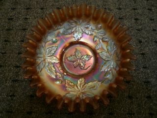 Carnival Fenton Glass Marigold Autumn Acorns Ribbon Crimp Bowl Dish,  8” Dia.