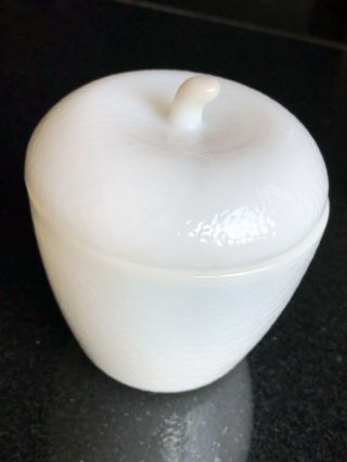 Vintage HAZEL ATLAS Milk Glass APPLE Lidded Jelly Jam Jar 2
