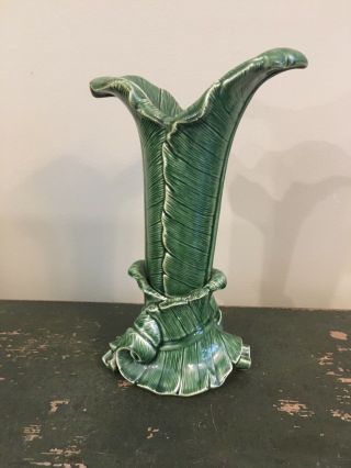 Green Ceramc Leaf Vase Euc.  Age Unknown 13.  5” Tall On 6.  5” Base Euc