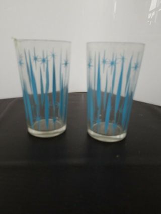 Mid - Century Modern Atomic Turquoise Stars & Bolts Glasses Qty 2