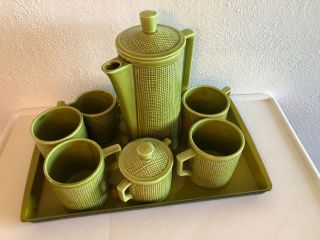 Vintage Set Retro Green Signed Japan 7 Piece Mid Century Mod Coffee Pitcher/tray