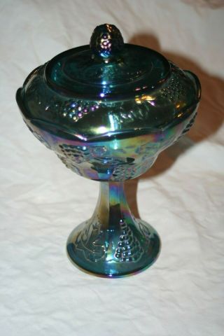 Blue Iridescent Carnival Glass Pedestal Candy Dish W/ Lid Cover Grape,  Vine