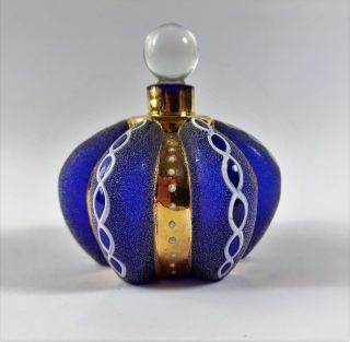 Unusual Antique Bohemian Bristol / Cobalt Scent Bottle Gilded/overshot/enamelled