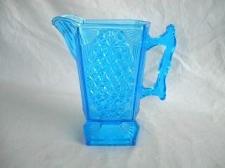 Antique Eapg Blue 9 " Footed Pedestal Pitcher W/ Daisy & Button Fans & Ribs