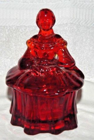 Ruby Red Glass Girl Covered Powder Dish Jar Trinket Jewelry Box 5 1/4 " Marked