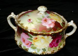 Vintage Porcelain Hand Painted Covered Dish With Flowers And Gilt Trim