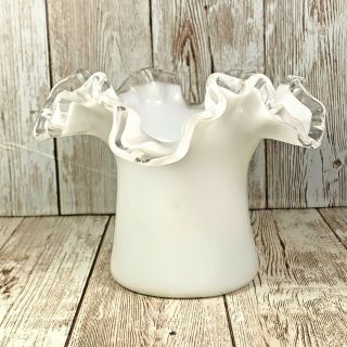 Fenton Silver Crest Double Crimp Ruffled Edge Milk Glass White Top Hat Vase 3.  5 "