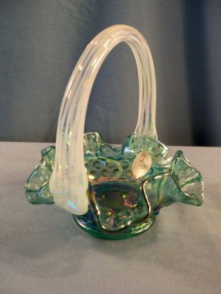 Fenton Teal Blue Green Hobnail Carnival Glass Mini Miniature Basket