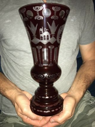 Czech Egermann Cut To Clear Ruby Red Large 12 " Crystal Glass Vase Castle & Stag