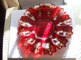 Antique Ruby Red Bohemian Glass Trefoil Edge Heavy Glass Display Dish Gold Trace