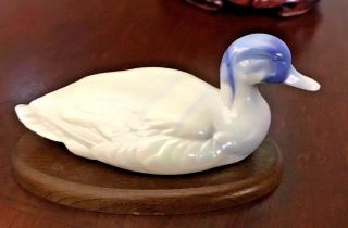 Fenton Glass Blue & White Opal Slag Duck Figurine With Wood Base