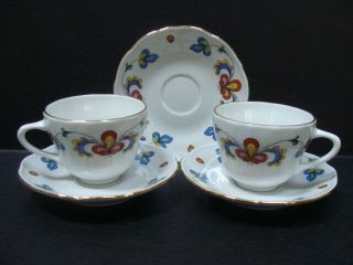 Porsgrund Norway Porcelain Rose 2 Coffee Tea Cups & 3 Saucers