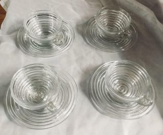 4 Anchor Hocking Manhattan Cup And Saucer Set Depression Glass Art Deco