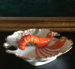 Carlsbad Victoria Austria Stunning Lobster Handled Tray Pink Roses Gold Rim