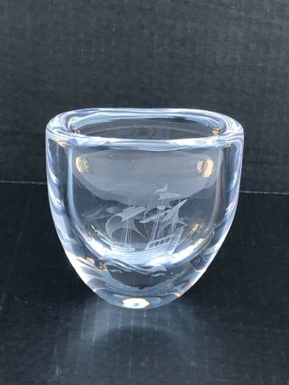 Kosta Mid - Century Art Glass Vase Hand - Crafted With Sailboat Etchi Signed A26