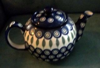 Vintage Hand Painted Boleslawiec Polish Pottery Teapot Cobalt Blue Circles