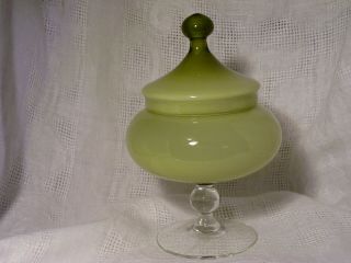 Empoli Cased Glass Lime Green Candy Jar,  Apothecary,  Circus Tent,  Pedestal,  Italy