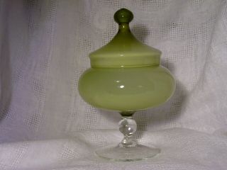 EMPOLI CASED GLASS LIME GREEN CANDY JAR,  APOTHECARY,  CIRCUS TENT,  PEDESTAL,  ITALY 5