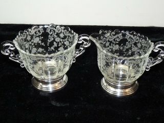 Fostoria Etched Sterling Mounted Creamer & Sugar Meadow Rose Mid 20th Century Jd