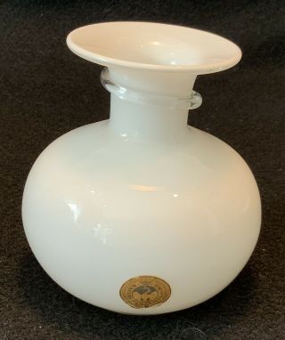 Mid - Century Kastrup Holmegaard Squat Milk Glass Bud Vase W/ Clear Glass Swirl