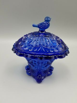Cobalt Blue Glass Bird Footed Covered Candy Dish Bowl